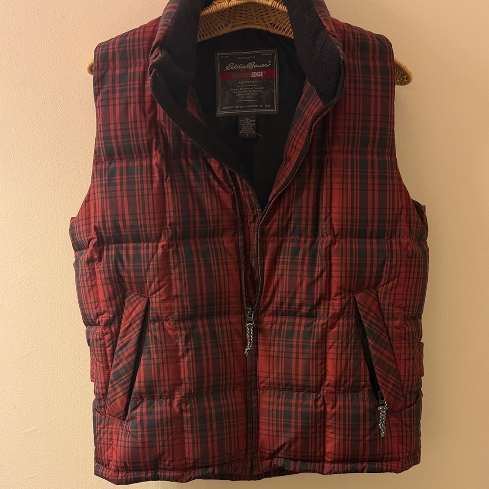 Eddie Bauer size S puffer vest.  Red/black plaid, very good condition
